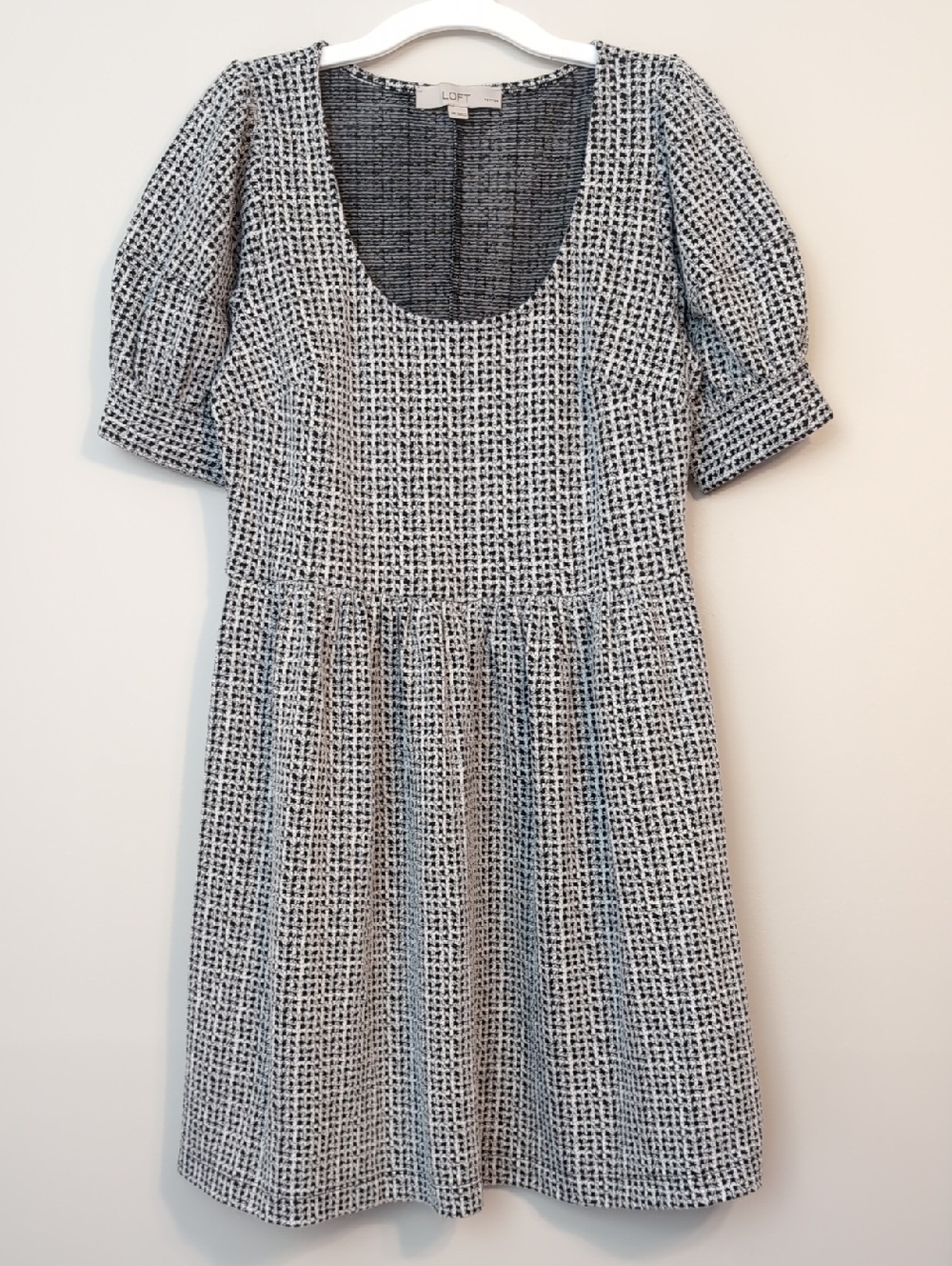 Loft Grey/Black Small Petite Mini Houndstooth Knit Puff Sleeve A-Line Dress LN!